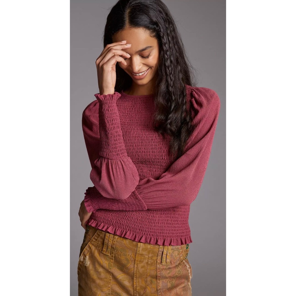 Anthropologie Smocked Puff Sleeve Top Small Burgundy Red Textured